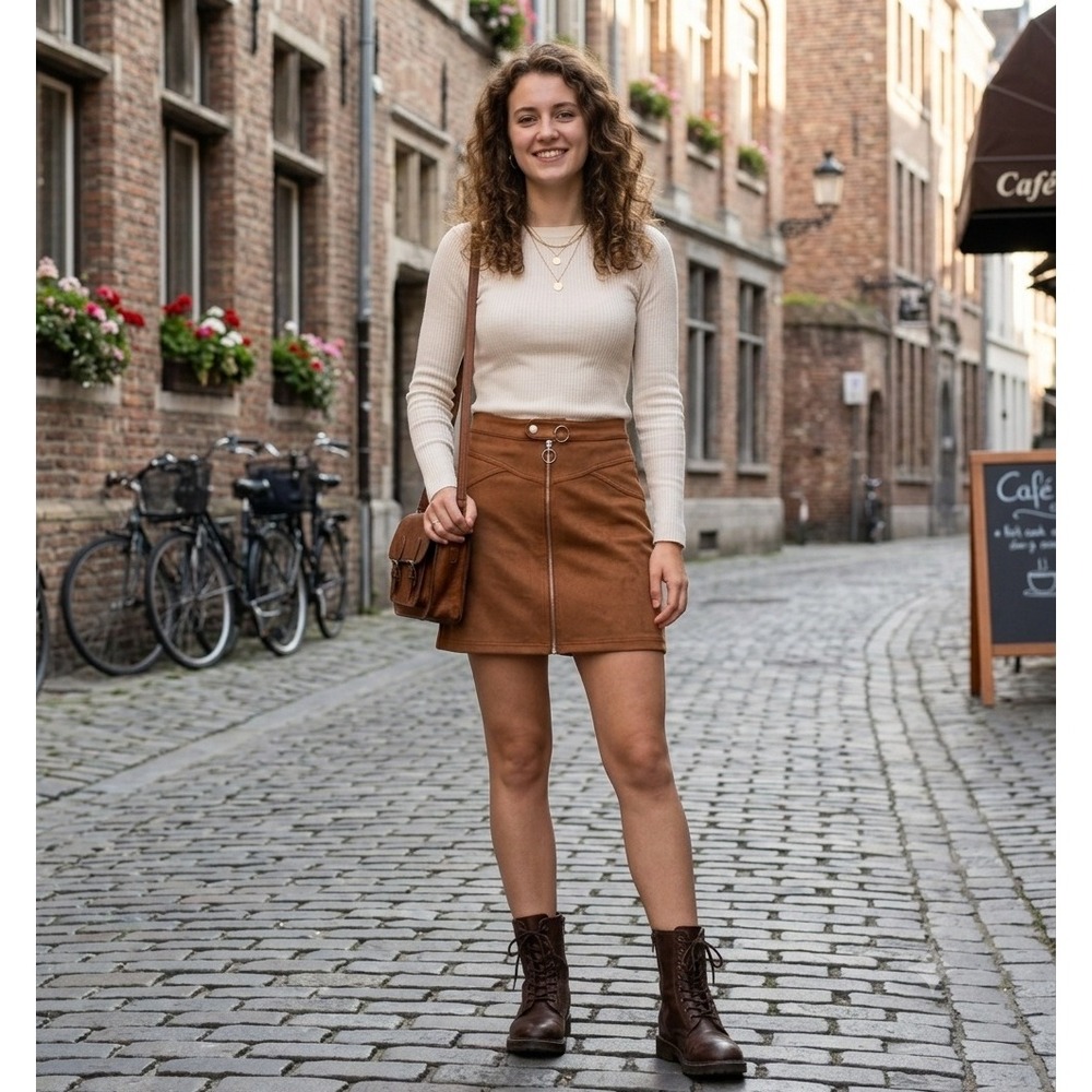 Haute Monde Brown Faux Suede Zip Front Mini Skirt‎ Western Boho Ring Pull Medium